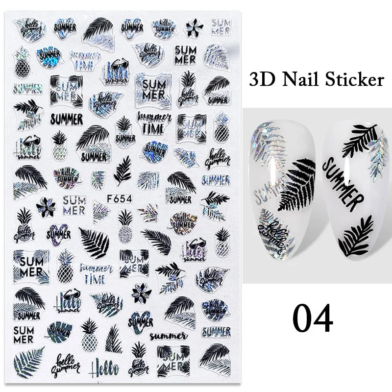 1PC Black White Leaves Flower 3D Nail Stickers Tropical Plants Mandala Leaf Geometry Transfer Decals Nail Art Decorations-Nail Inspo