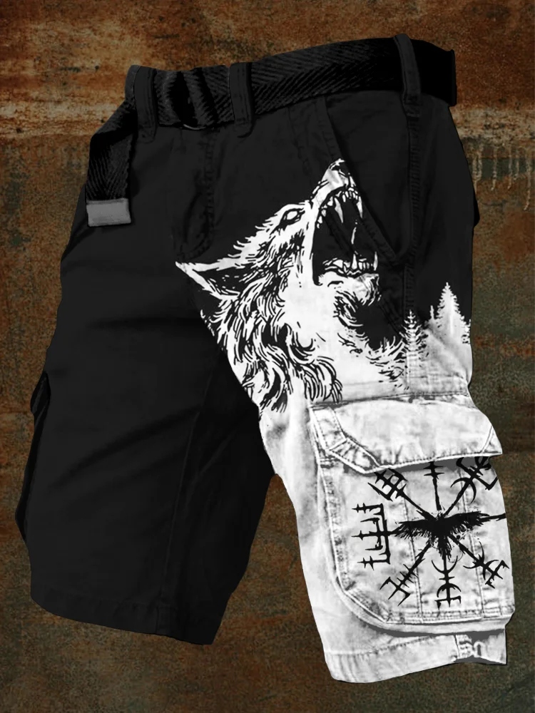 Comstylish Men's Viking Vegvisir & Wolf Contrast Cargo Shorts