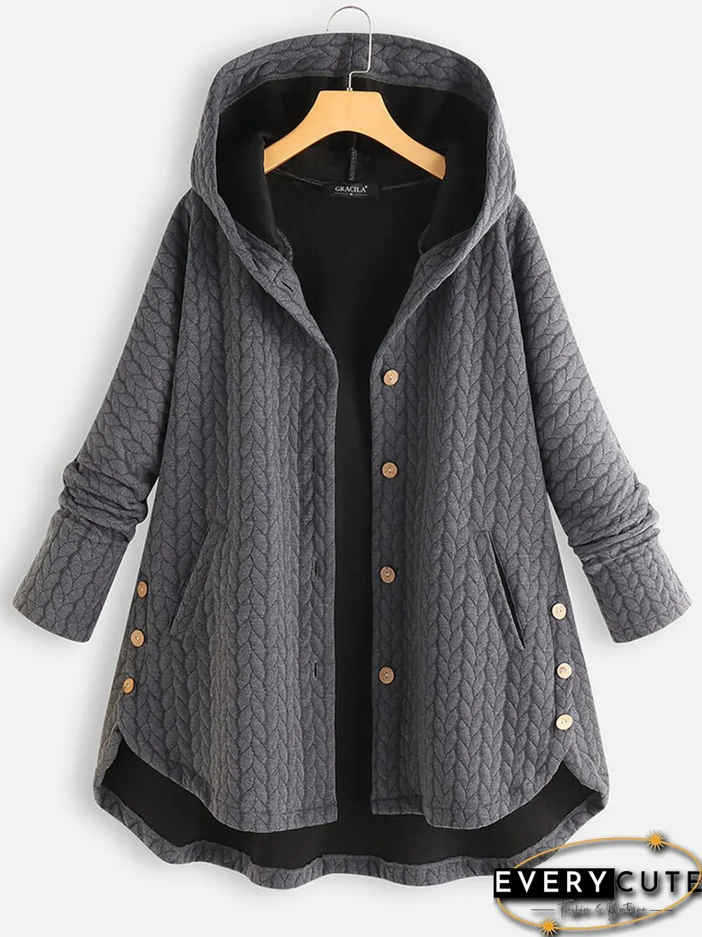Casual Jacquard Pockets High Low Thin Loose Hooded Coat