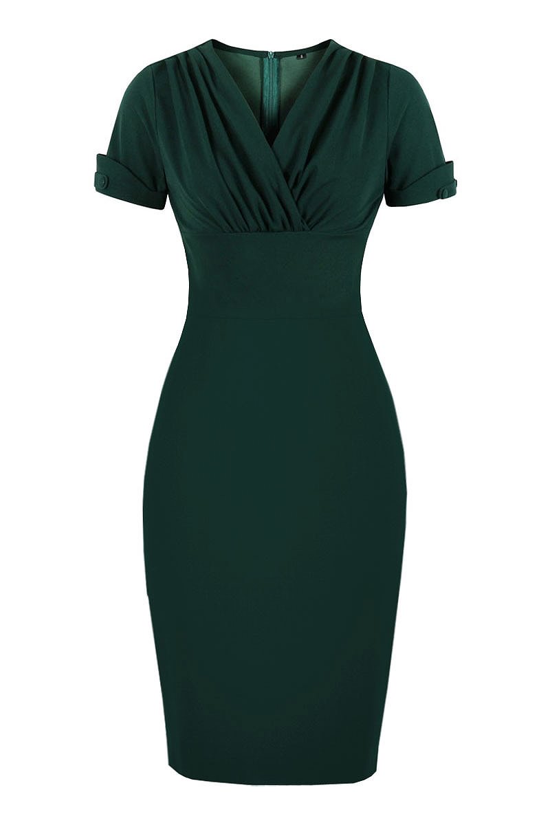 1950s Dark Green Temperament Ruched V Neck Bodycon Solid Midi Dress