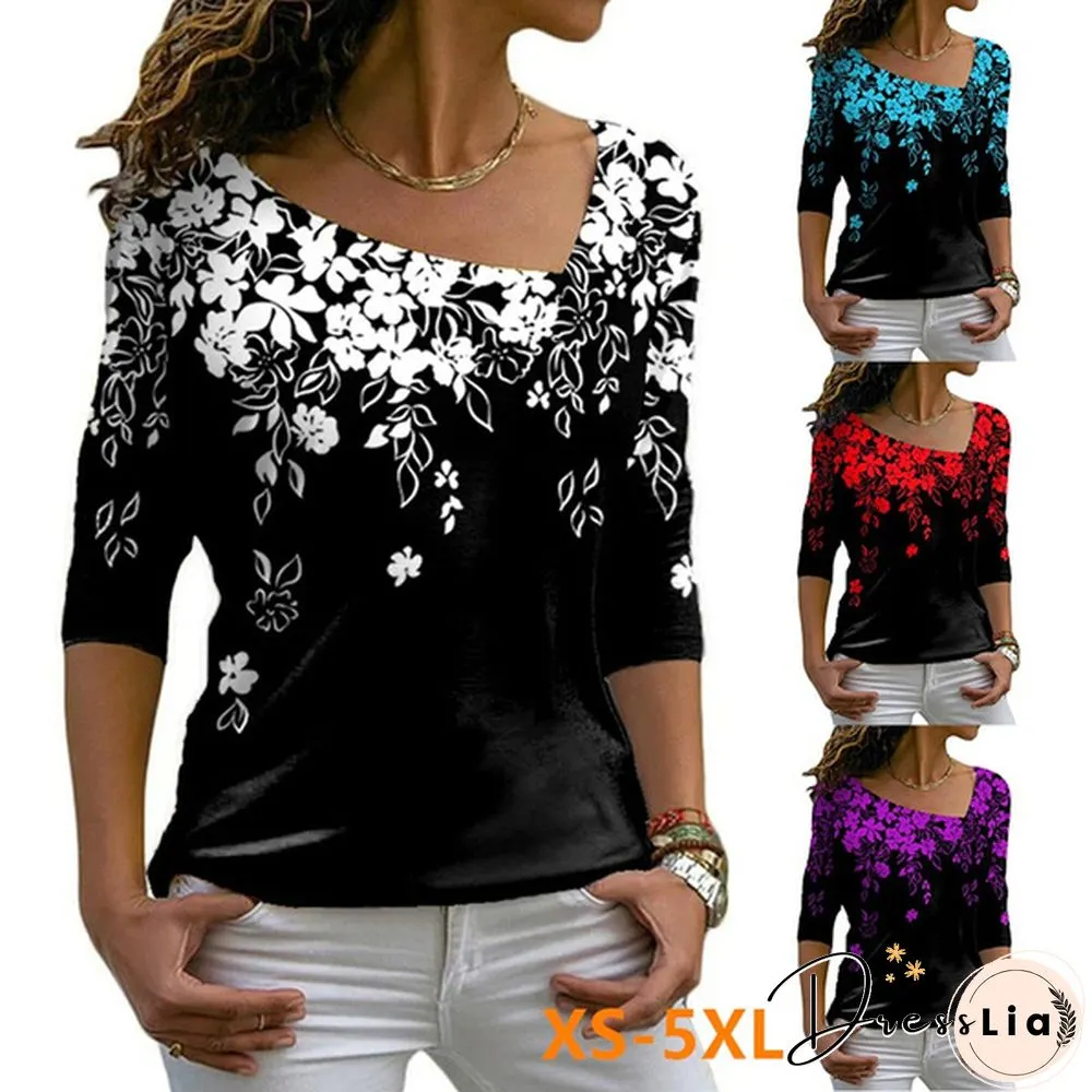 Spring and Early Autumn New Fashion Womens Floral Printed Long Sleeve Irregular V-neck