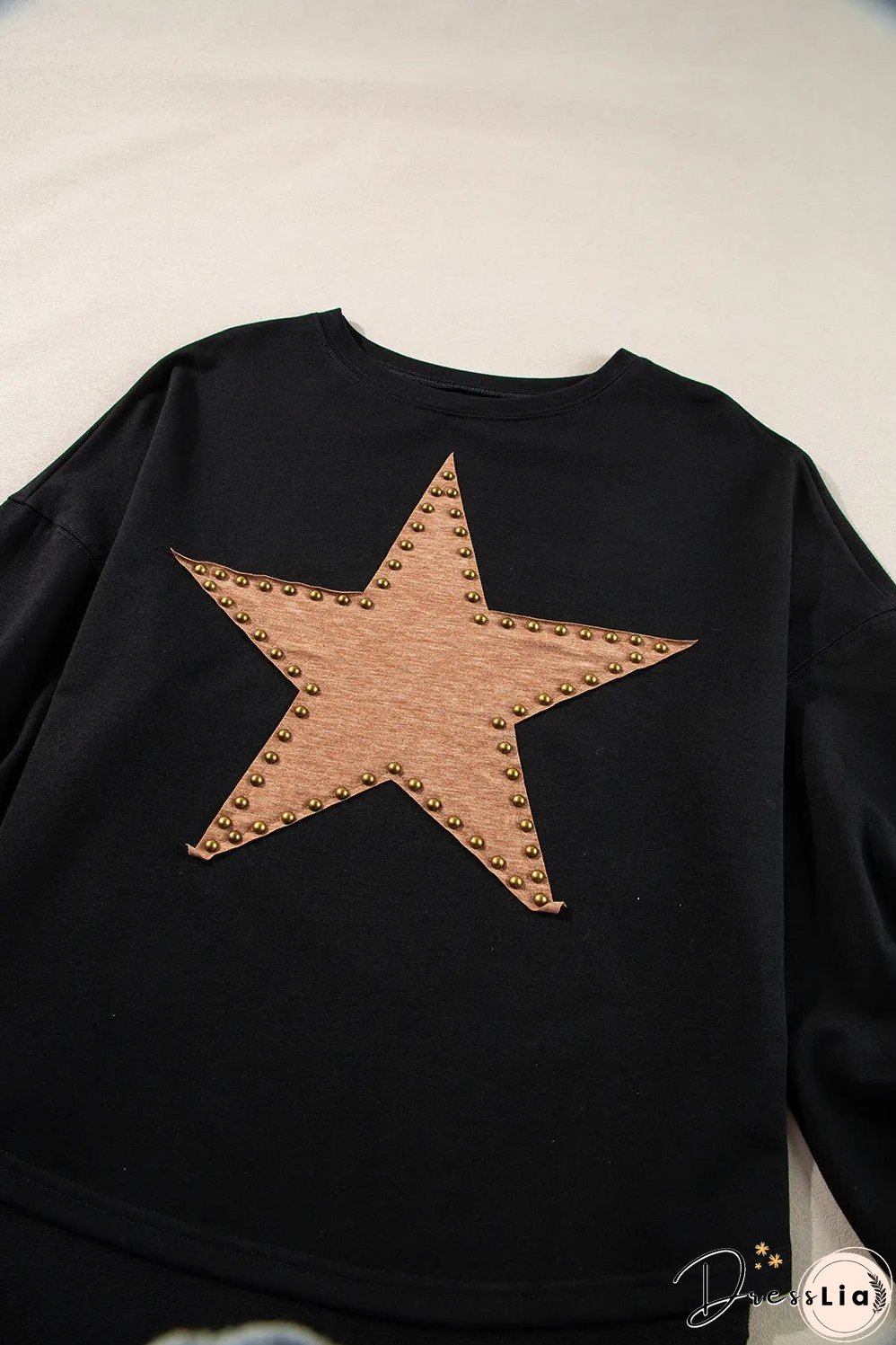 Black Studded Star Graphic Oversized Long Sleeve Top