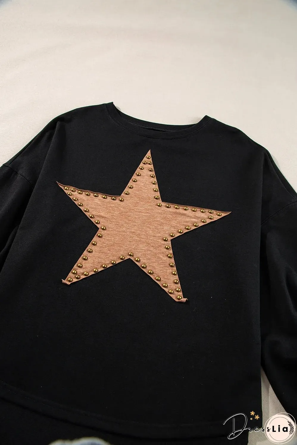 Black Studded Star Graphic Oversized Long Sleeve Top