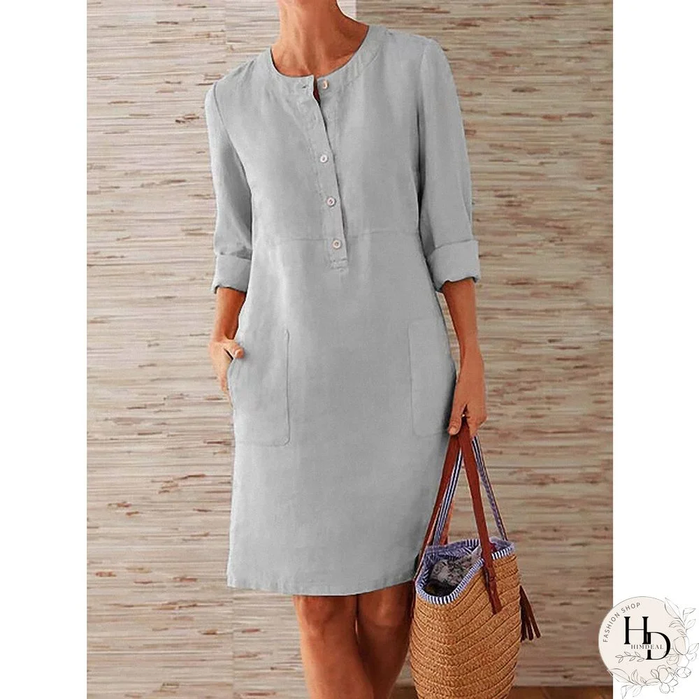 Summer Dress Women Cotton Linen Round Neck Long Sleeve Dress Beach Vintage Dress Vestidos De Mujer