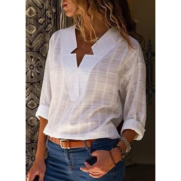 Large size Women's Blouse Long-sleeved Shirt Solid Color V-neck Casual Blouses | EGEMISS