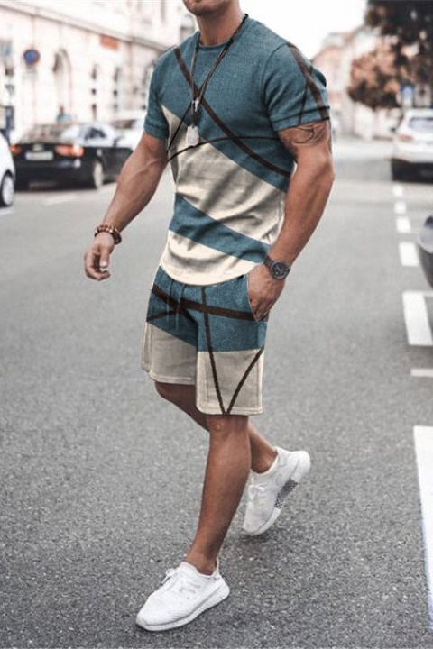 Tiboyz Men‘s Outfits Contrasting Blue And White T-Shirt And Shorts Two Piece Set