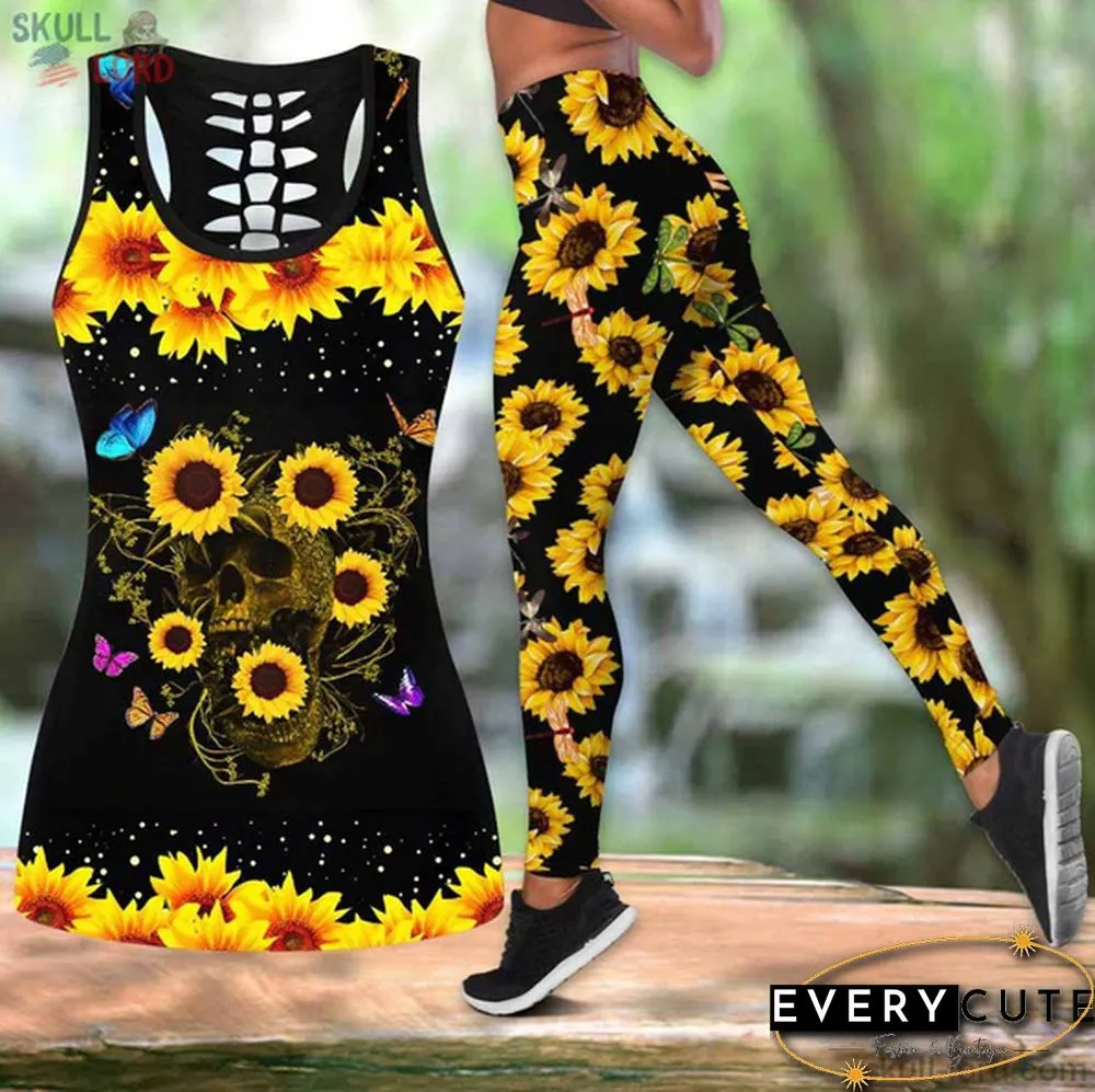 Womens Fashion Sunflowers Print Sports Tops Yoga Pants Leggings Fitness Clothes Tight High