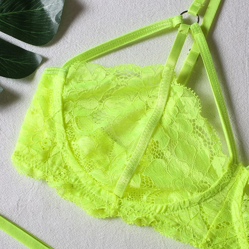 Billionm Neon Green Lingerie Underwear Women Lace Set Hollow Out Bra Panties Thong 2 Pieces Sexy Nightwear Erotic Costumes Intimate Suit