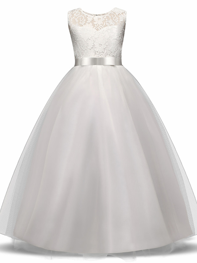 Dresseswow Sleeveless Jewel Neck Long Length Flower Girl Dress Lace Tulle With Lace  Bow Embroidery