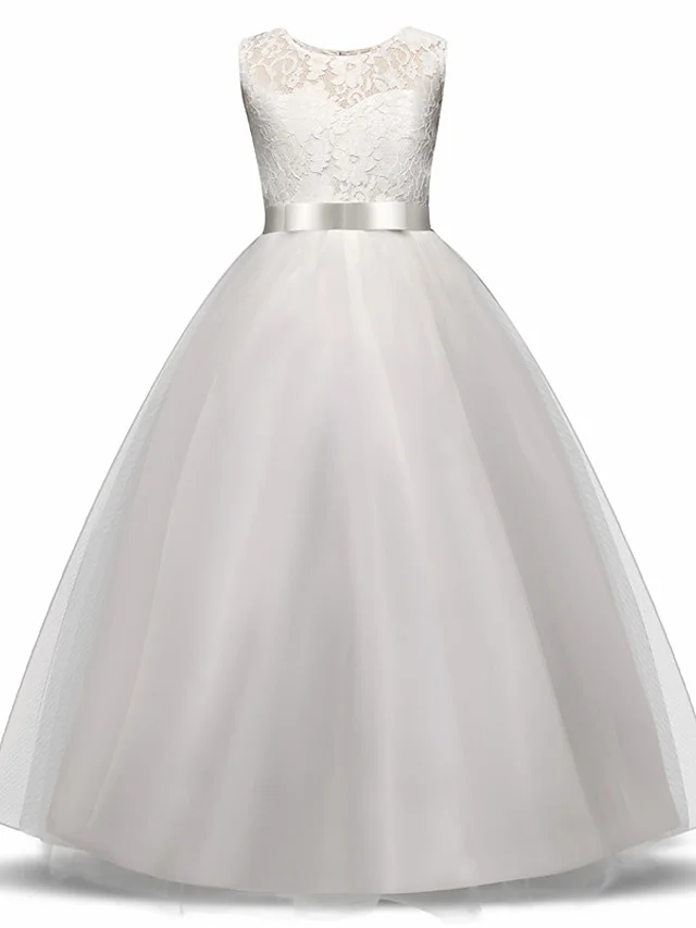 Daisda Sleeveless Jewel Neck Long Length Flower Girl Dress Lace Tulle With Lace  Bow Embroidery