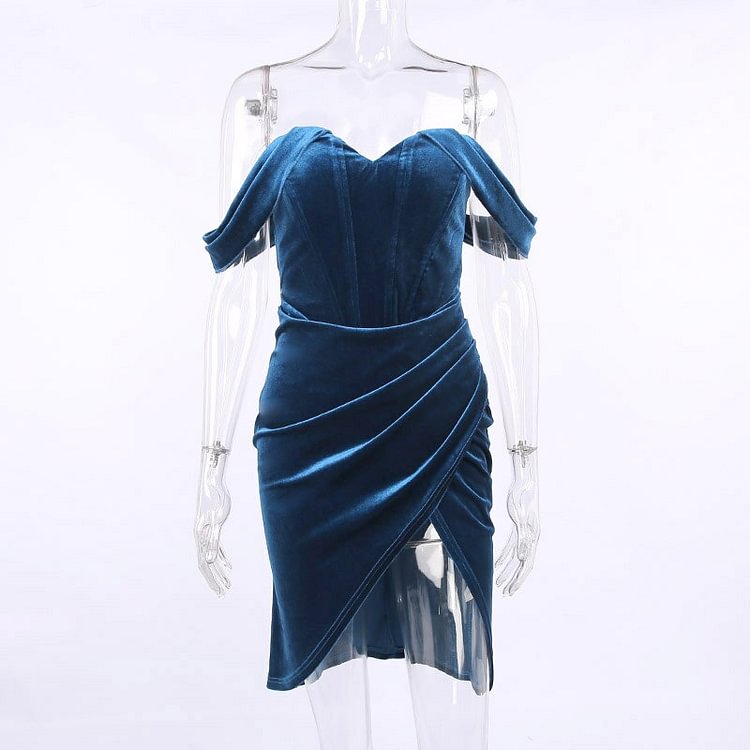 Hugcitar Off Shoulder Velvet Slit Sexy Sleeveless Irregular Party Club Evening Festival Dress 2021 Women Fall Winter