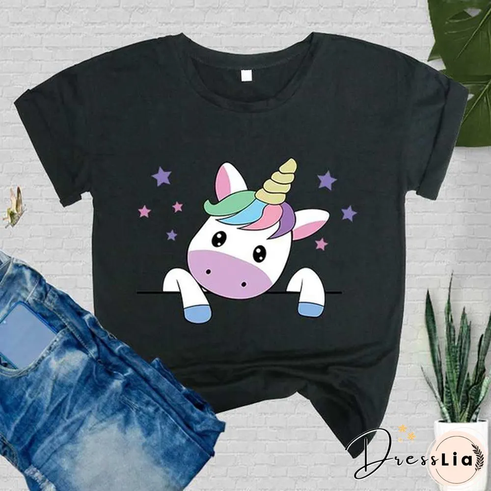 Women T-Shirt Unicorn Print Short Sleeve Casual Tee Round Neck Tops