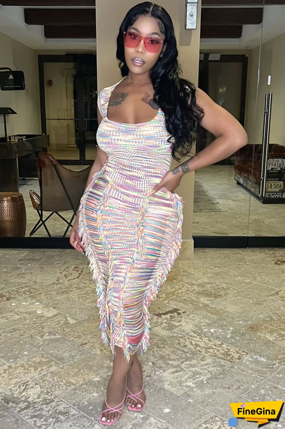 Knit Scoop Neck Color Block Striped Fringe Bodycon Midi Dress [Pre Order]