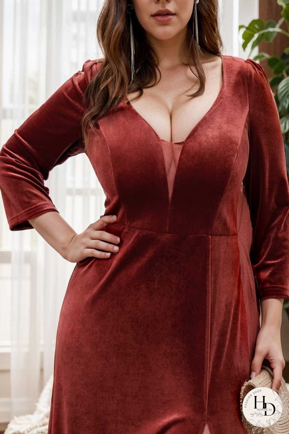 velvet 3 4 length sleeve illusion v neck front slit evening dress