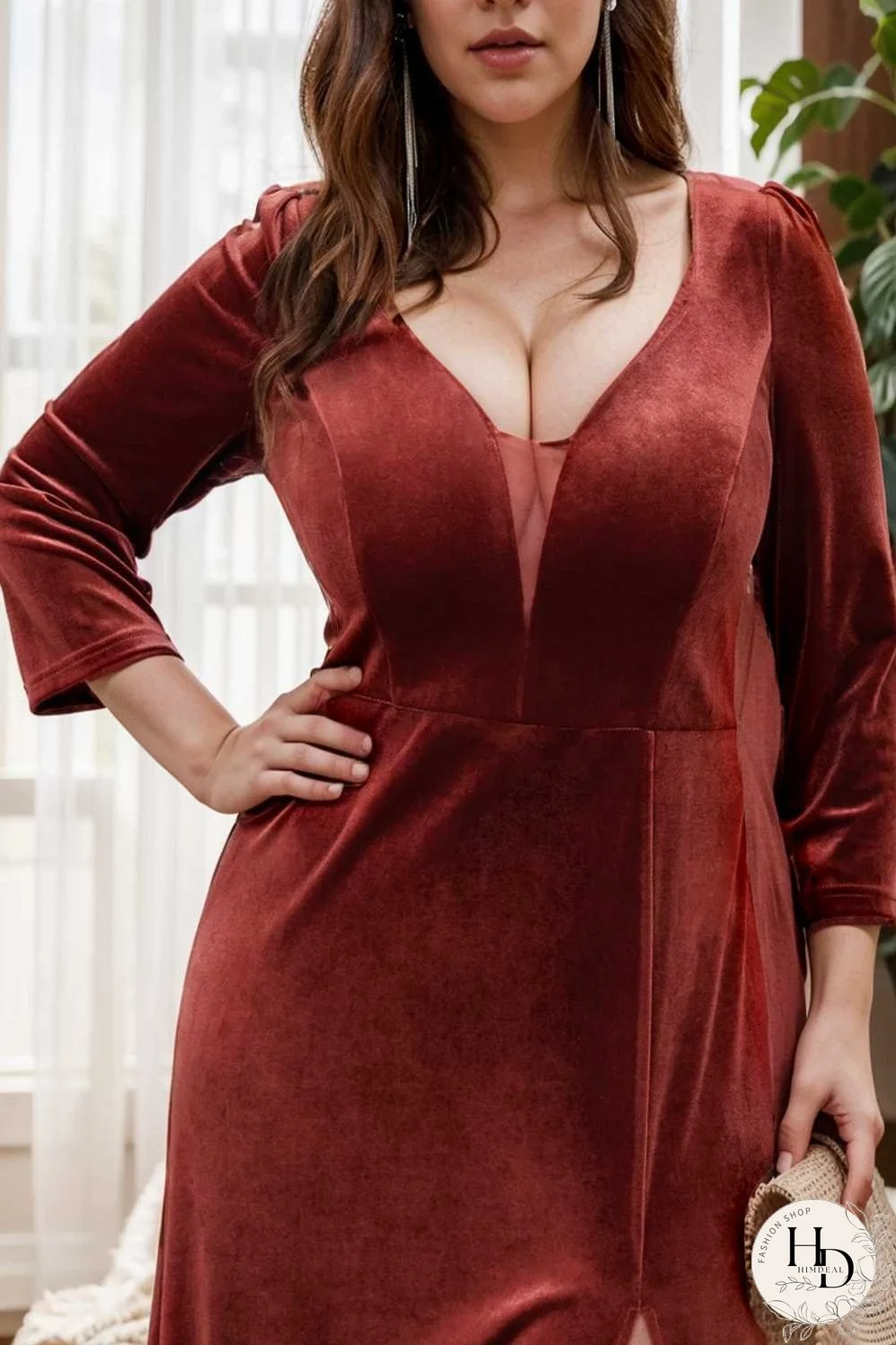 velvet 3 4 length sleeve illusion v neck front slit evening dress