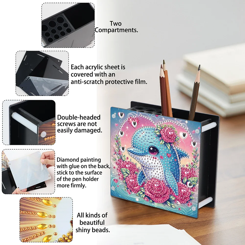 DIY Dolphin Special Shaped Diamond Painting Acrylic Pencil Holder Organizer