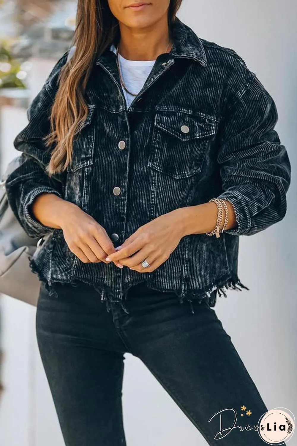 Frayed Hem Cropped Corduroy Jacket