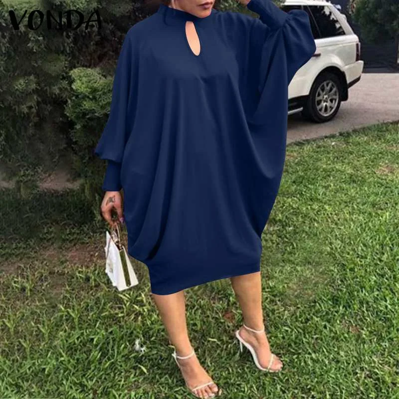 VONDA Women Dress 2022 Summer Spring Long Bat-Sleeve Solid Dresses Elegant Knee-Length Party Robe Ladies Bohemian Party Vestidos