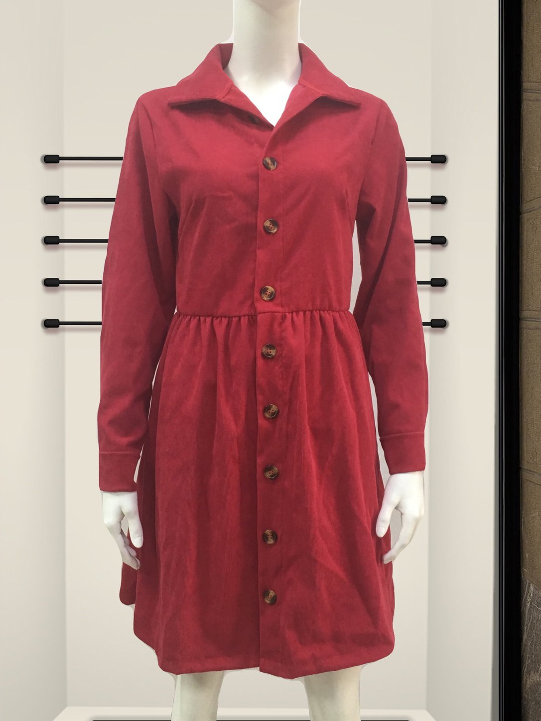 Women Long Sleeve V-neck Button Midi Dress