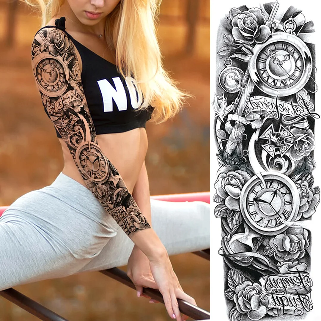 Sexy Long Full Arm Rose Clock Temporary Tattoos For Men Women Tatoo Body Leg Art Makeup Large Tiger Flower Fake Tattoo Stickers