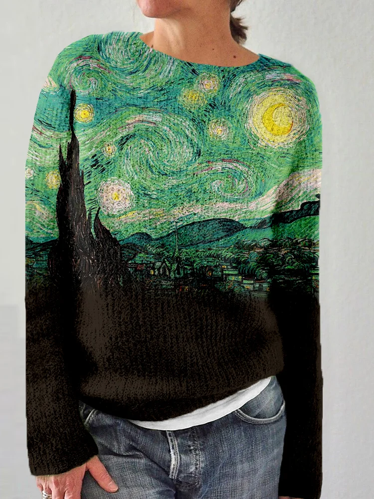 VChics Classy Starry Night Inspired Art Graphic Cozy Sweater