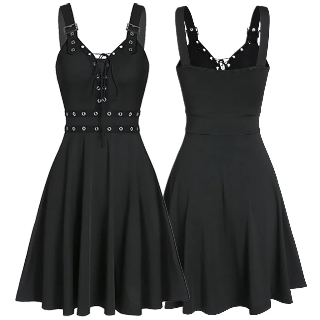 Women Sleeveless Gothic Dress 2023 Camisole Plus Size Black Strap Mini Summer Dress Cool Solid Irregular Hem Streetwear vestidos