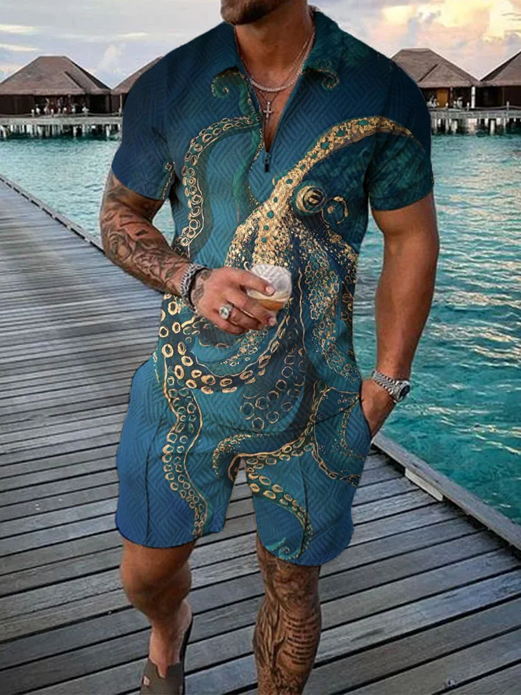 Men's Fashion Dark Green Octopus Print Short Sleeve Polo Suit
