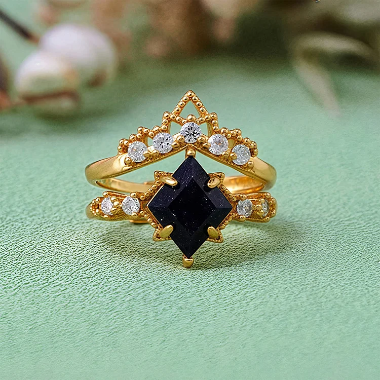 Olivenorma "Princess Crown" 2 Pcs Blue Sandstone Ring Set