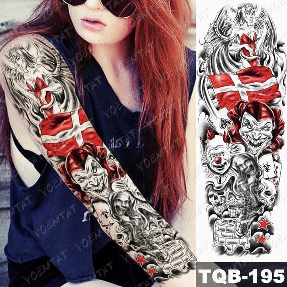Gingf Arm Sleeve Tattoo Devil clown Geisha Samurai Waterproof Temporary Tatto Sticker Poker Stars Body Art Full Fake Tatoo Women