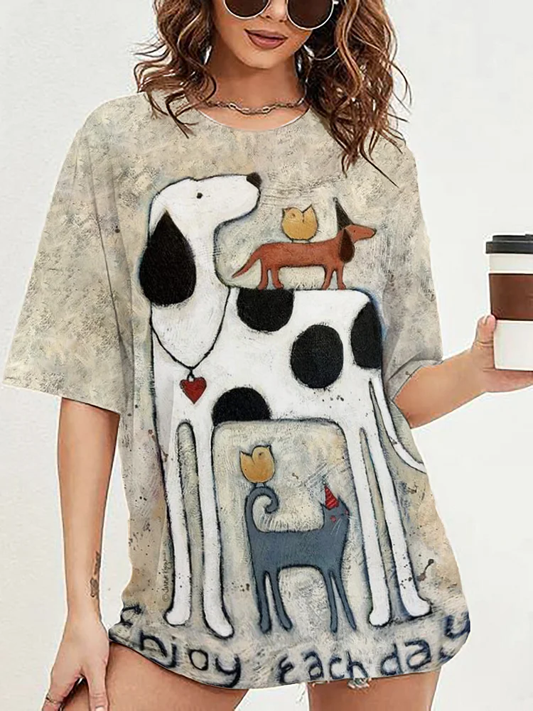 Women's Enjoy Each Day Bird Dog Cat Print T-Shirt