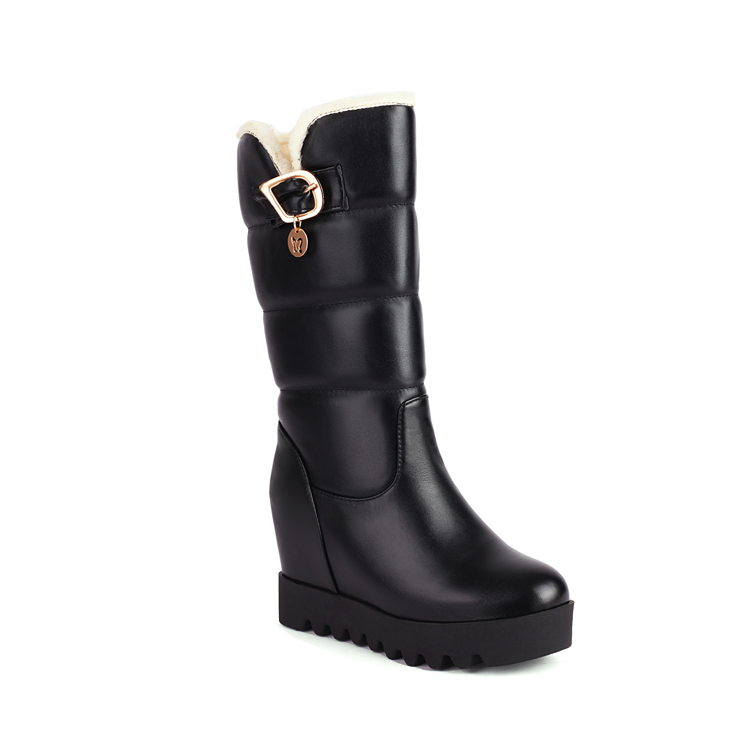 GOOSHOE Slope Heel Flat Bottom Metal Belt Buckle Thick Plush Lining Long Tube Women's Boots Platform Sponge Sole Knee High Boots