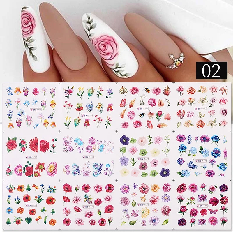 12 Designs Nail Stickers Set Mixed Floral Geometric Nail Art Water Transfer Decals Sliders Flower Leaves Manicures Decoration-Nail Inspo