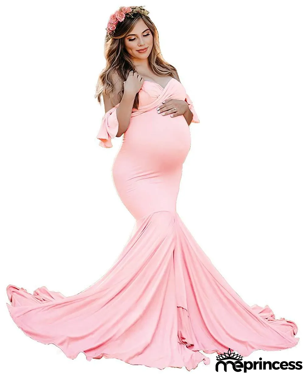 Maternity Ruffle Sleeve Cross V-Neck Trailing Dress