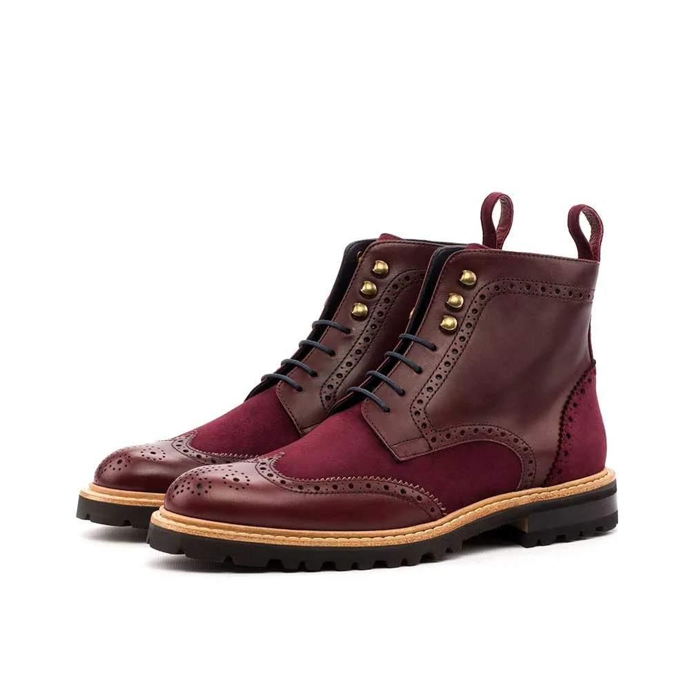 Maroon Round Toe Vegan Leather Lace-Up Studded Ankle Boots Nicepairs