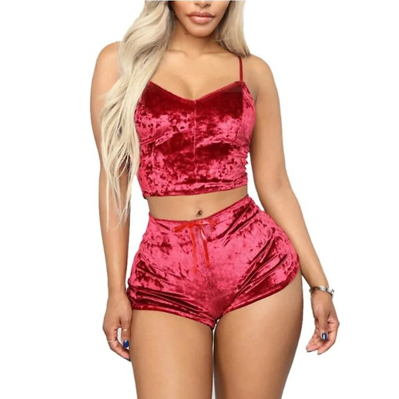 Women's Pajamas Sets Nighty 1 set Pure Color Simple Hot Retro Home Party Daily Spandex Gift Sleeveless Strap Top Shorts Basic Spring Summer Black Pink / Sexy | IFYHOME