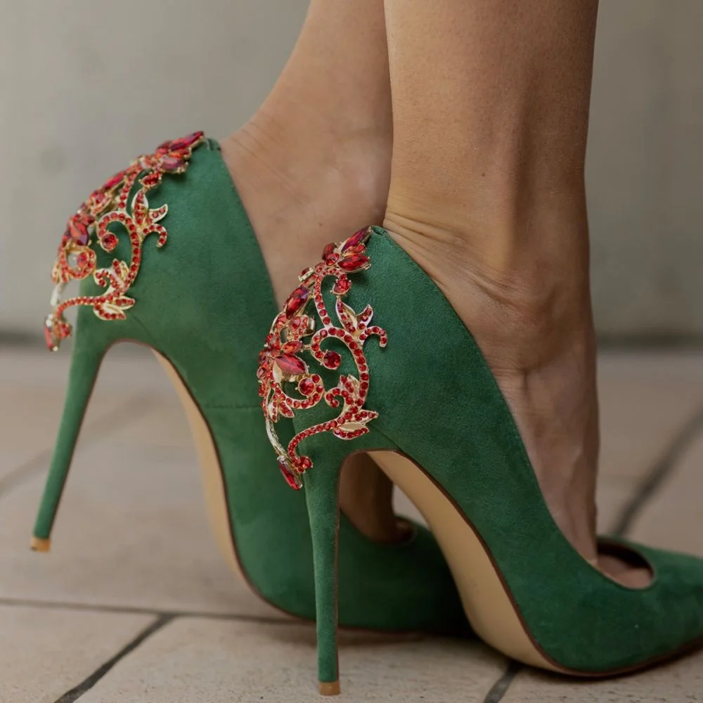 Suede Green Heels Rhinestone Heels Stiletto Heels For Evening Nicepairs