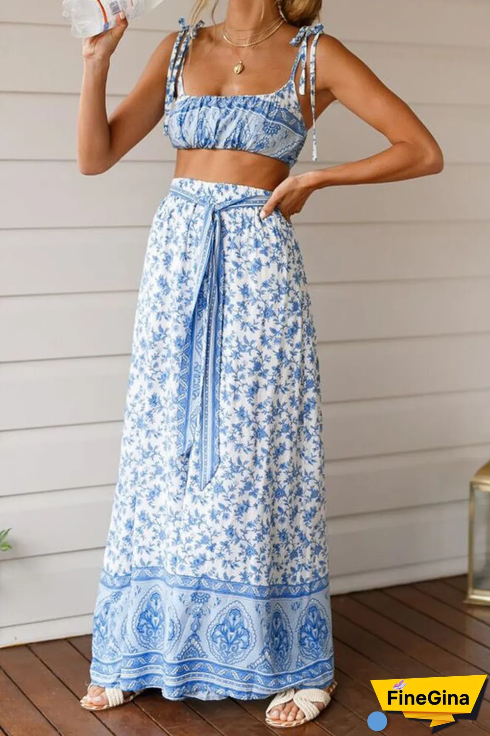 Fashion Patchwork Print Frenulum Sleeveless Two Pieces