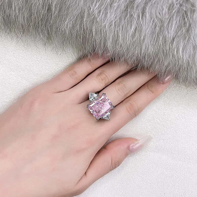 100% 925 Sterling Silver Yellow Pink 13*16mm Ice Flower Cut  High Carbon Diamond Rings For women Sparkling Fine Jewelry  007
