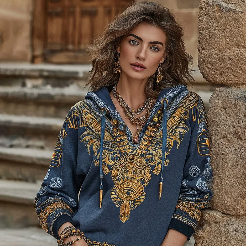 Women's Vintage Egyptian Symbol Pattern Art Cozy Hoodie