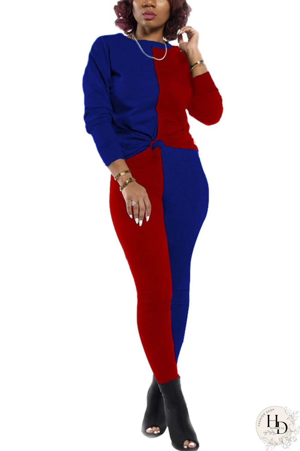 rose red and blue Polyester Sexy Patchwork Solid pencil Long Sleeve Two Pieces