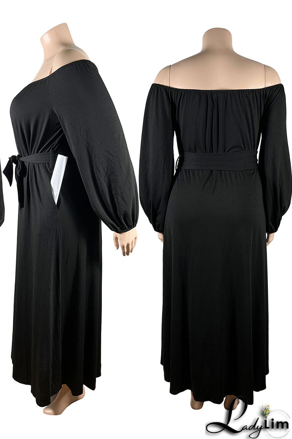 Black Casual Solid Bandage Patchwork Buckle Off the Shoulder Plus Size Dresses