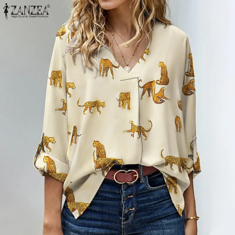 Oversized Women Elegant OL Work Blouse Autumn Long Sleeve Shirt 2022 ZANZEA Stylish V Neck Solid Top Casual Loose Blusas Chemise