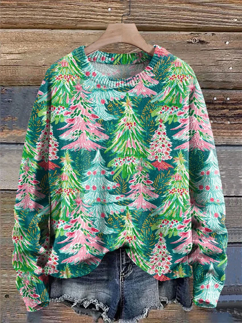 Christmas Trees Bright Pink Christmas Trees Winter Print Knit Pullover Sweater