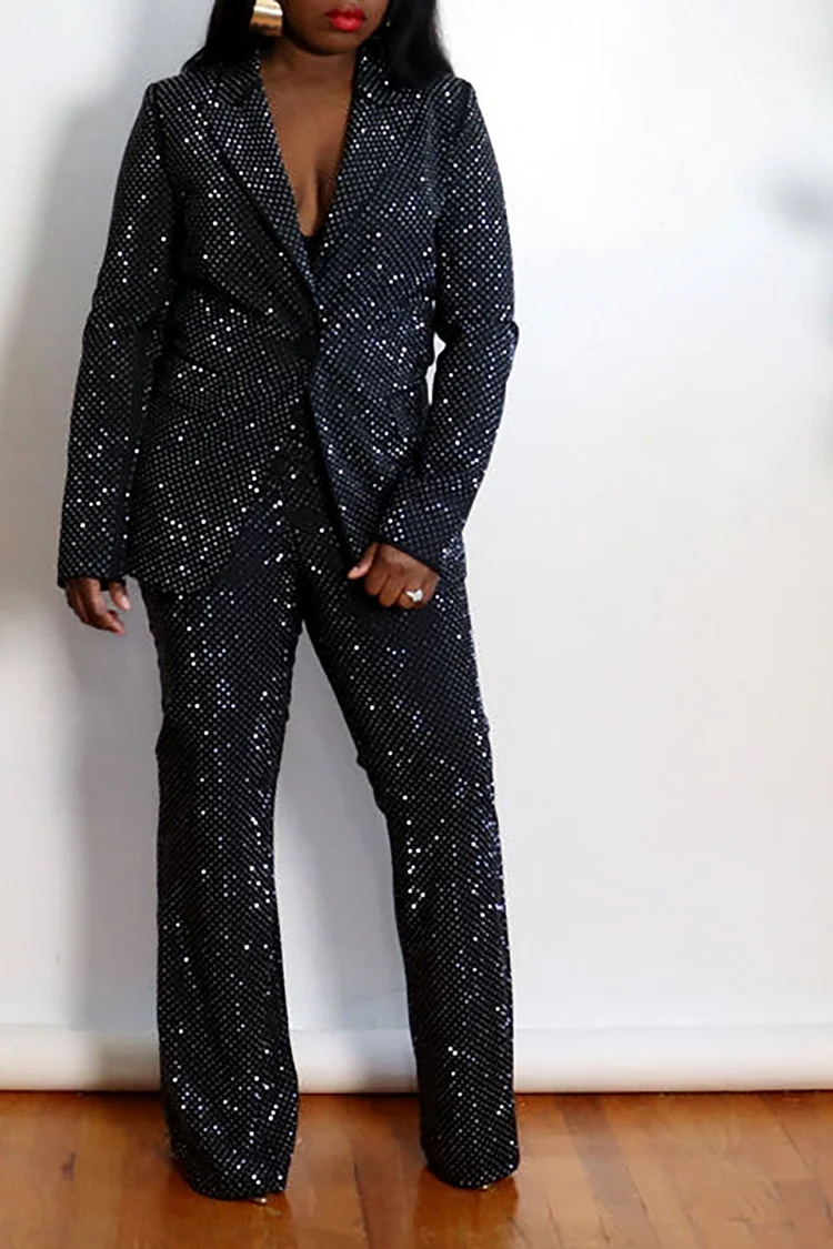 Plus Size Semi Formal Pant Sets Elegant Black Fall Winter Turndown Collar Long Sleeve Rhinestone Cotton Blazer Suit Two Piece Pant Sets [Pre-Order]