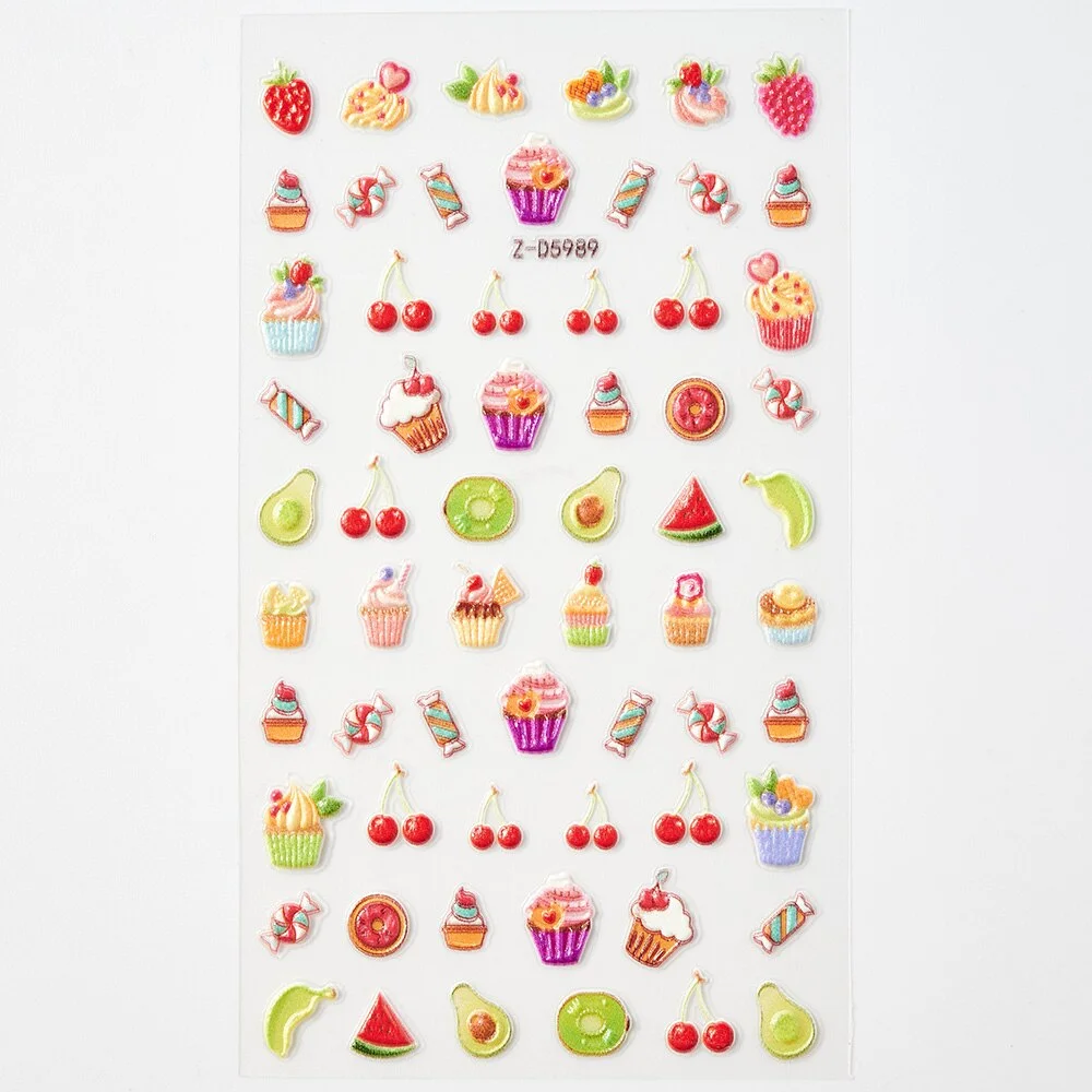 Churchf Embossed Cartoon Stickers 5D Korean Cute Fruit Ice Cream Cake Nail Decals Self Adhesive Back Adhesive Slider Nail Deco FK-6-Nail Inspo