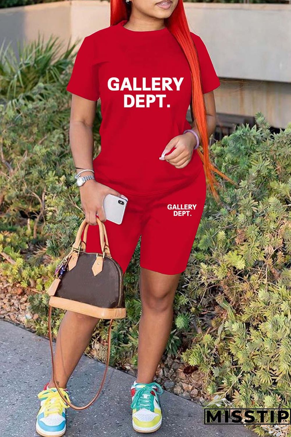 Green Casual Letter Print Basic O Neck Short Sleeve Two Pieces