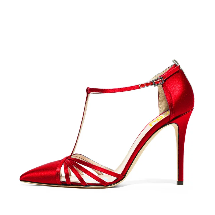 Red Closed Toe Stiletto Sandals with T-Strap Vdcoo
