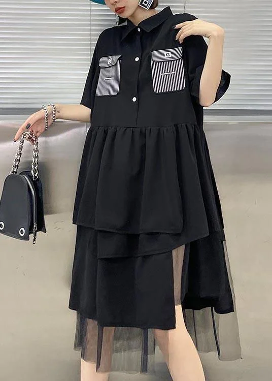 Women Black Patchwork Asymmetrical Design Tulle Dresses Summer