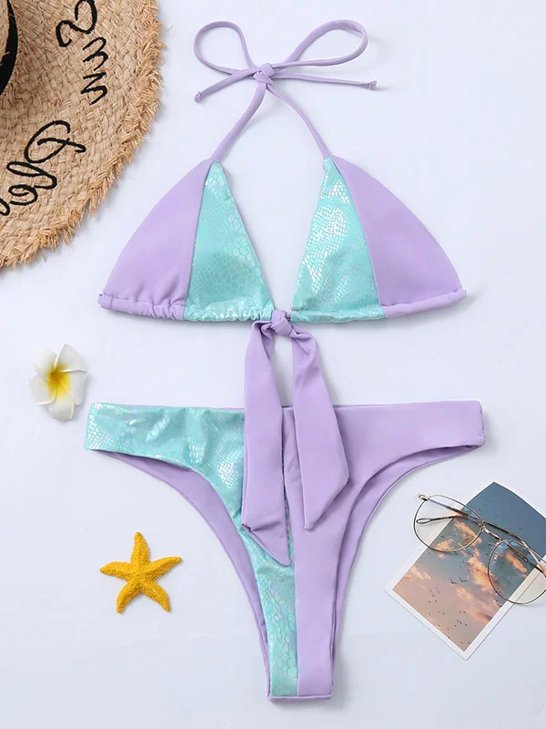 Snake-Print Color-Block Split-Joint Knotted Split Bikini Swimsuit