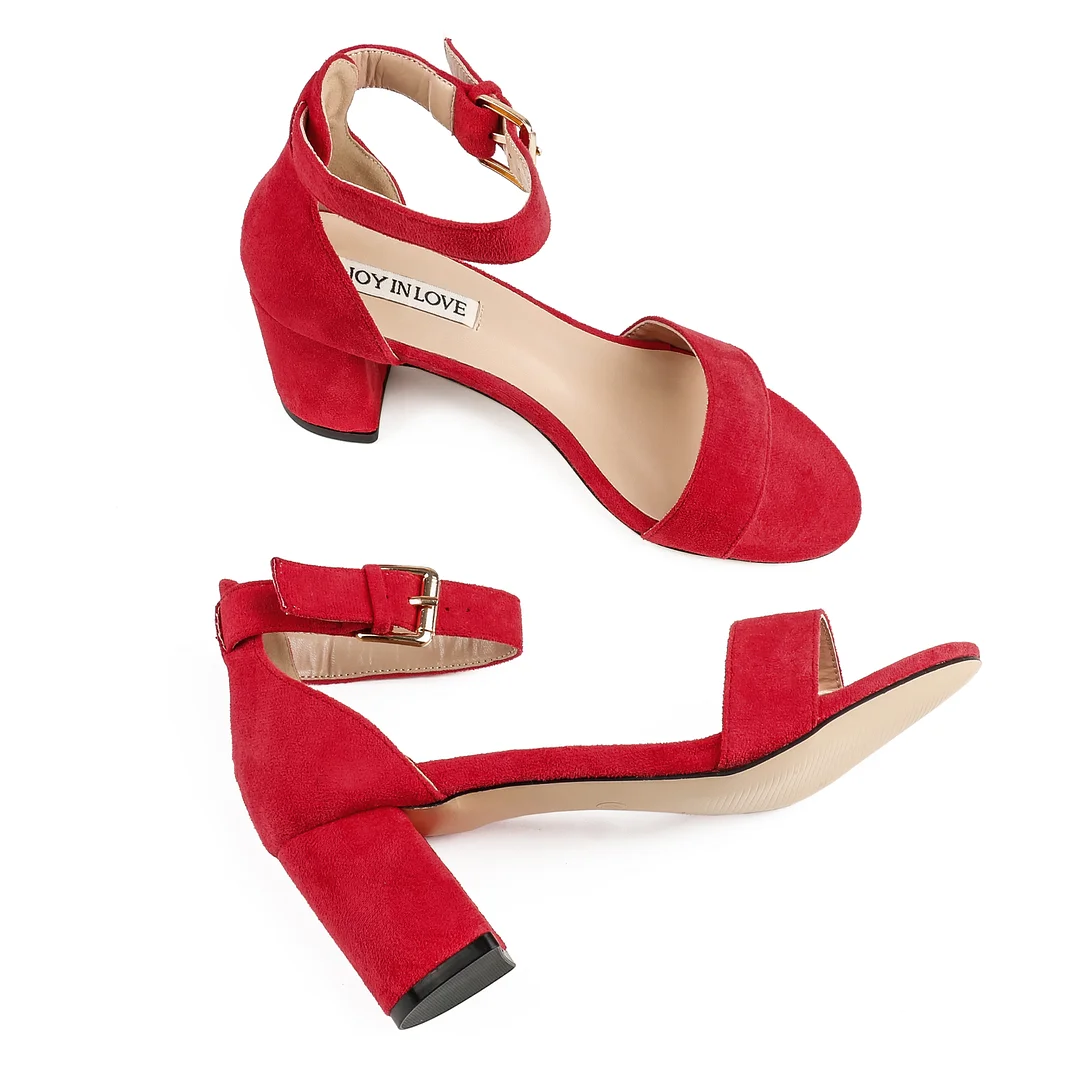 3.54"  Women's Ankle Strap Pumps Block Heel Open Toe Suede Sandals Summer Shoes-MERUMOTE